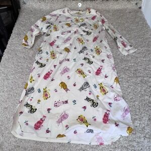 La Cera Flannel Nightgown Size M Cats Kittens COZY White Pull-Over Women's